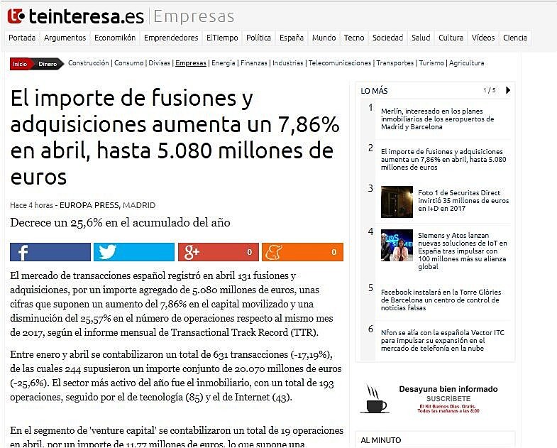 El importe de fusiones y adquisiciones aumenta un 7,86% en abril, hasta 5.080 millones de euros